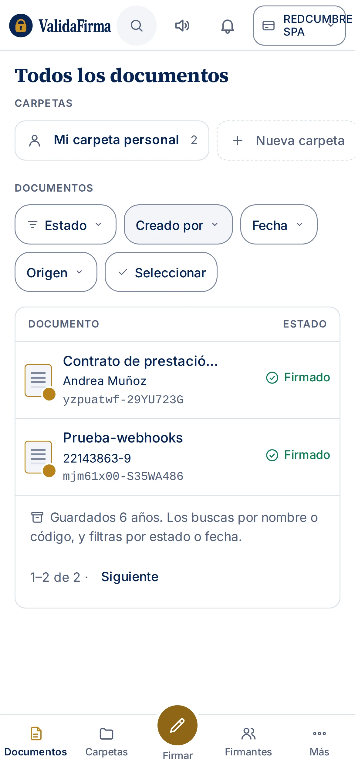 Panel de una cuenta de empresa: los documentos con su carpeta, su estado y quién los creó