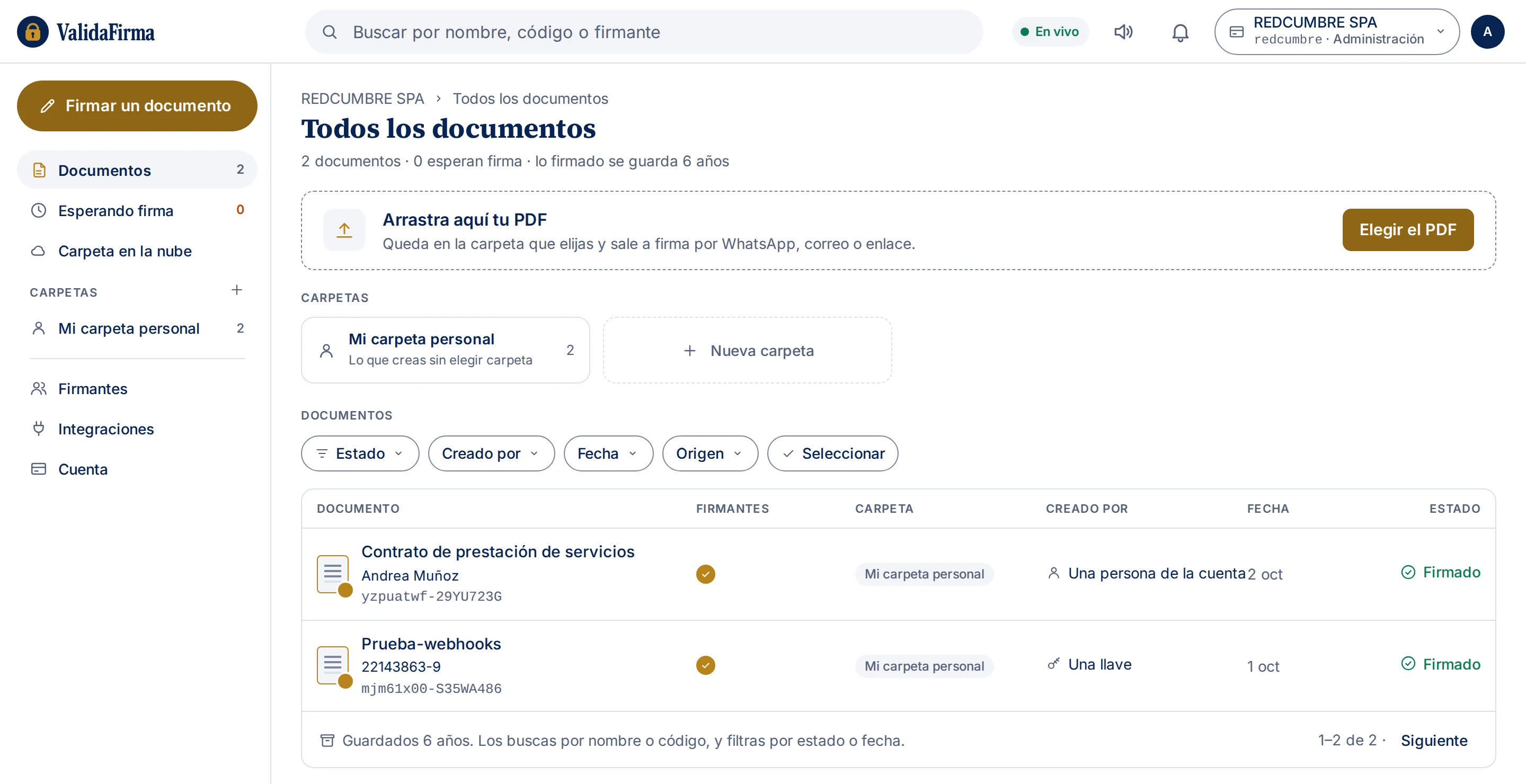 Panel de una cuenta de empresa: los documentos con su carpeta, su estado y quién los creó